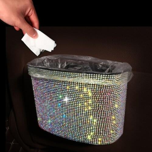Diamond Car Garbage Bin Hanging Trash Can Storage Box Styling for Front Seat Back Holder Bling Crystal Auto Interior Accessories