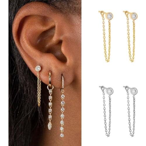 CRMYA Boho Chain Stud Earrings Round Cubic Zirconia Silver Gold Filled Piercing Dangle Tassel Earrings Jewelry Wholesale