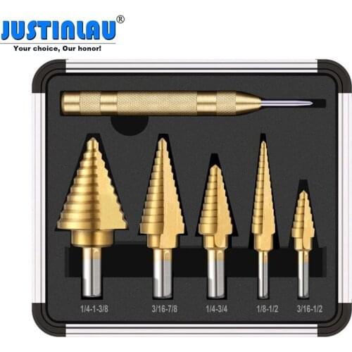 JUSTINLAU 6Pcs HSS Titanium Coated Step Drill Bit With Center Punch Drill Set Hole Cutter Drilling Tool