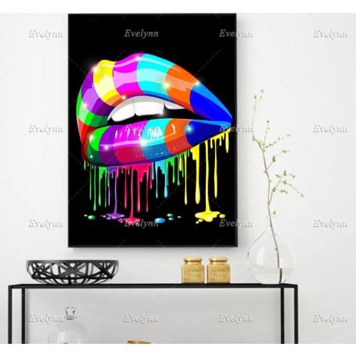 Rainbow Lip Pictures Canvas Prints Painting Abstract Colorful Sexy Lip Wall Art Poster for Living Room Home Decor Floating Frame