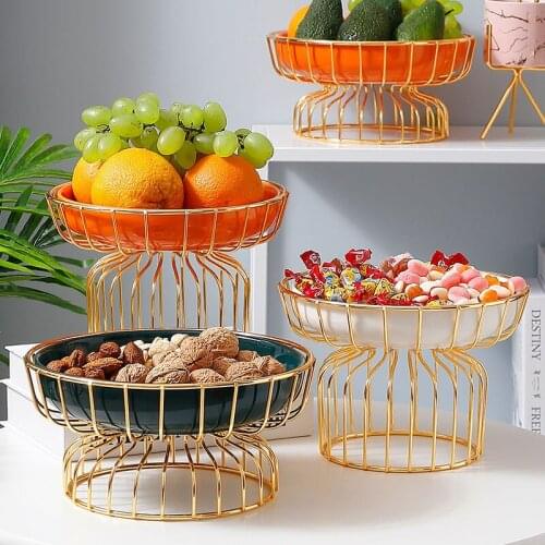 Ceramic Iron Rack Fruit Plate Nordic Light Luxury Gold Iron Ceramic Snack Dish Cosmetics Storage Tray