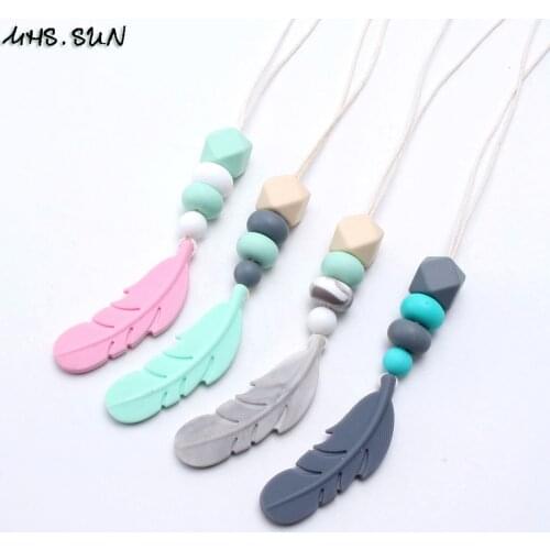 MHS.SUN 1PC Feather Pendant Silicone Baby Mom Necklace BPA Free Chewable Beads Necklace Teething Teether Shower Gifts