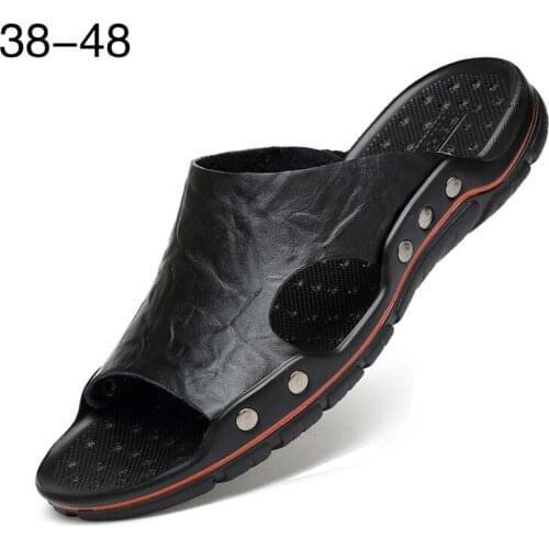 2020 New Fashion Men Shoes Big Size 47 48 Slides Men Brown Leather Luxury Outside Comfortable Soft Summer Shoes Fast Shipping