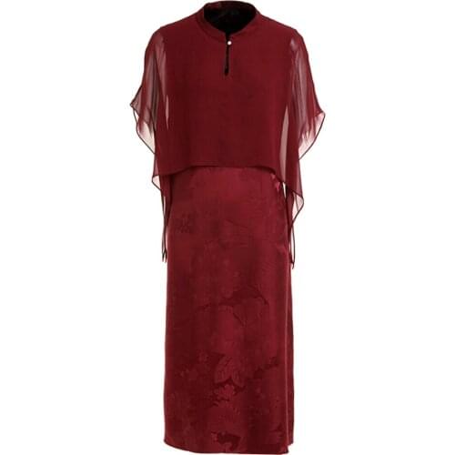 Gowani summer new silk satin chiffon two-piece dress high-end cape design Chinese cheongsam Qipao