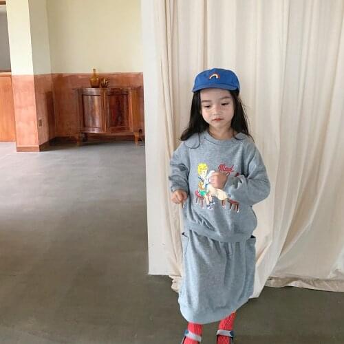Autumn Girls Sportswear Suit 2021 New Korean Childrens Fashion Top+skirt Suit Gray Causal Two-piece Sets Cute Cartoon Kids Sets
