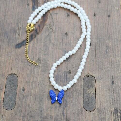 Stainless Steel Gold Chain CZ Blue Butterfly Necklace For Women Bijoux Femme Imitation Pearl Choker Necklaces Birthday Gift
