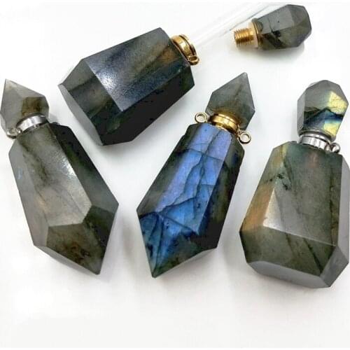 Natural labradorite perfume bottle gems stone shine diffuser Faceted prism caps pointed top vial Hexagon pendants for necklace