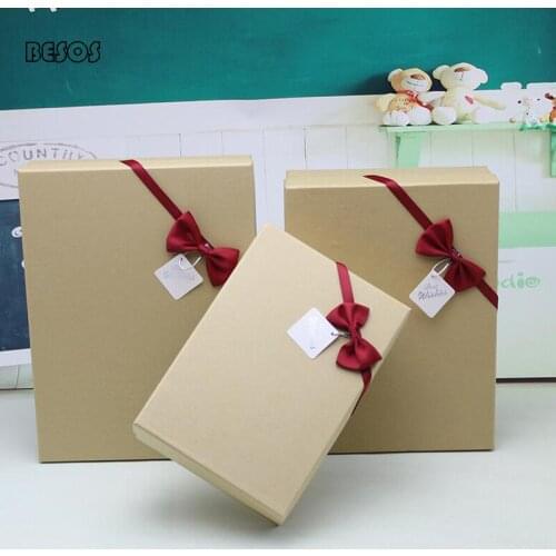 Simple Oblong Gift Box Kraft Paper Color Red Bow Embellishment Party Wedding Festival Scarf Shirt Perfume Paper Gift Box B304D