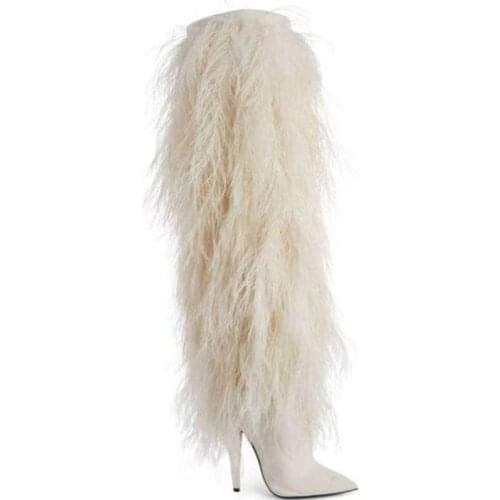 Sexy Long Wool Fur Covered Over the Knee Boots White Suede Knight Boots Fur Fringed Pointed toe Thigh High Boots for Ladies
