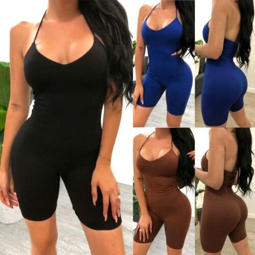 Sexy Biker Playsuits Women Summer Halter Low Cut Bodycon Skinny Jumpsuit Shorts Female Fitness Workout Biker Playsuits Shorts