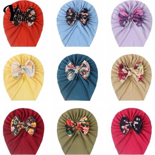Yundfly Comfortable Warm Baby Girls Turban Hat Vintage Print Bowknot Infant Caps Kids Hair Accessories Birthday Gift Photo Props