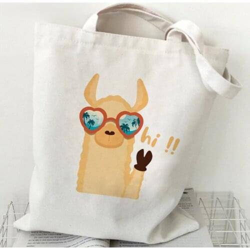 Students Book Bag Female Canvas Shoulder Bag Eco Tote Reusable Grocery Shopper Bags Cute Alpaca Cartoon Pattern Printing Handbag