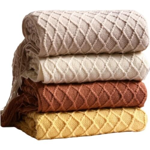 Textile City Faux Cashmere Sofa Blanket Cover Nordic Style Knit Plaid Throw Tassels Bedspread Golden Blanket for Spring Summer
