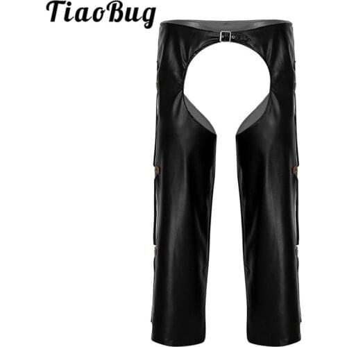TiaoBug Men Black Faux Leather Crotchless Chaps Wild West Cowboy Sexy Costumes Fringe Buckled Open Crotch Porno Loose Long Pants
