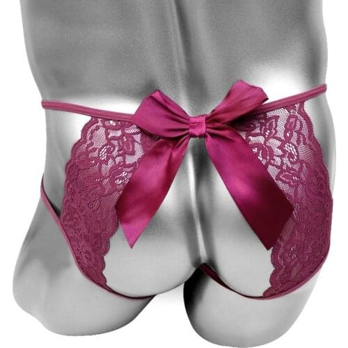 Floral Lace Sissy Crotchless Panties Lingerie Big Bowknot Back Mens Thong Underwear Sexy Bikini Open Butt Erotic Fashion Cute