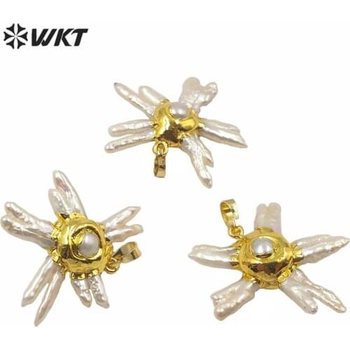 WT-JP218 Irregular Shape Natural Pearl Pendant For DIY Necklace Flower Shape With Gold Eletroplated Pendant Charm