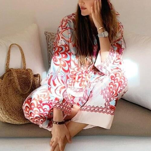 XEASY 2021 Women Vintage Bohemia Totem Floral Print Casual Loose Shirts Female Elastic Waist Wide Leg Pants Retro Pants Set