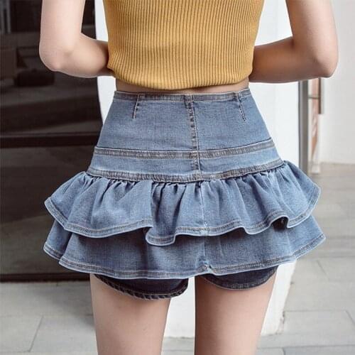 Spring Summer Women Mermaid Skirt-Shorts Preppy High Waist A-Line Wrap Denim Skirt Korean Mini Skirts White Red Blue Jupe Femme