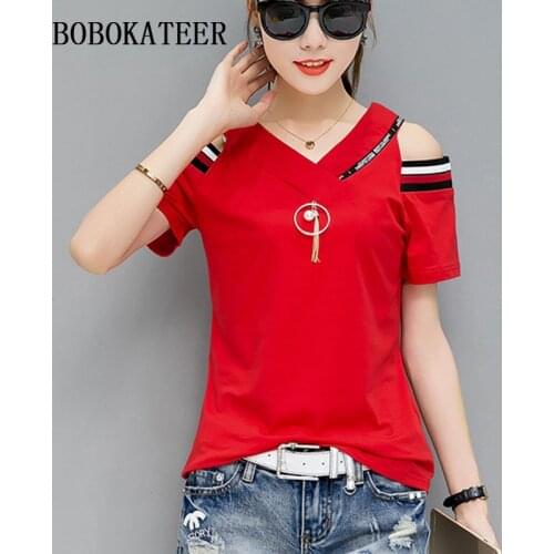 BOBOKATEER off the shoulder tops for women tshirt summer 2021 t-shirt cotton t shirt women shirts tee shirt femme camiseta mujer