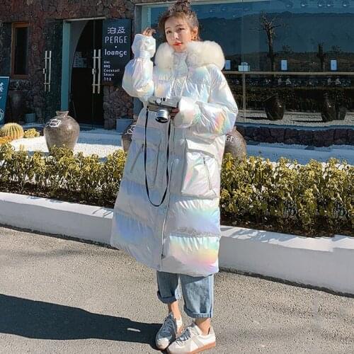 Womens Winter Down Padded Long Jacket Korean Big Fur Collar Bright Surface Loose Hooded Waterproof Colorful Cotton Coat Female