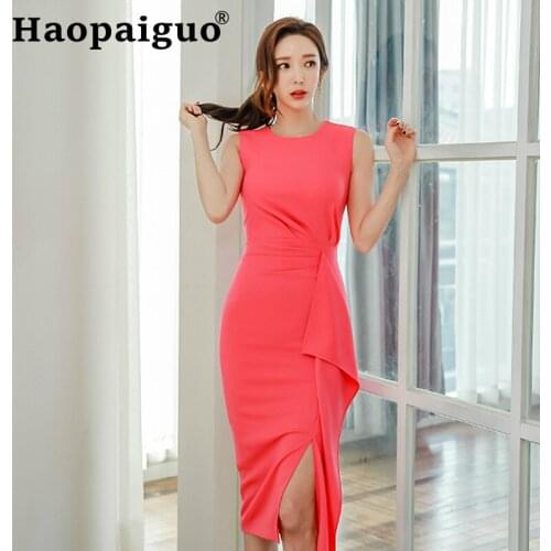 2019 Summer Korean Dress for Women Sleeveless Ruffles Bandage Bodycon Wrap Dress Women Solid Sheath Split Red Ladies Dress Modis