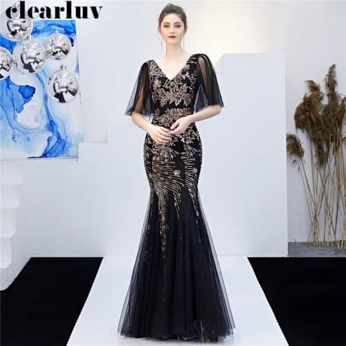Double V-Neck Mermaid Dress Plus Size Robe De Soiree DX267 Half Sleeve Slim Women Party Dress 2019 Long Sequins Evening Dresses