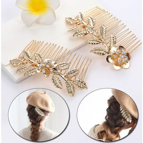 Gold Color Metal Leaf Hair Clip Girls Hairpin Barrette Flowers Rhinestone Hair Comb Hairpins Women Accessories Jewelry