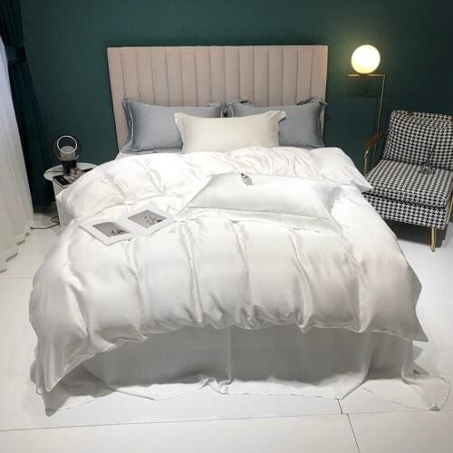 2021 Luxury 60 Tencel Solid Color Duvet Cover Cotton Bed Linen Fitted Sheet Pillowcases Bedclothes King Queen Size 4PCS