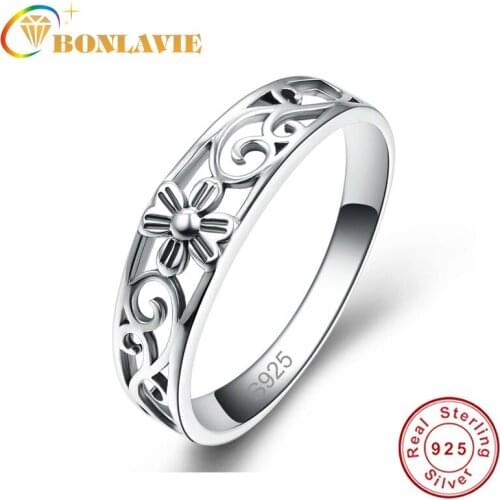 BONLAVIE Vintage Flower Pattern Hollow Out 925 Sterling Silver Rings For Women Party Jewelry AAA Quality