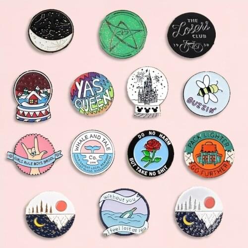 14 styles Round Badge Enamel Pin Nature Queen Star Brooch Denim Jeans shirt bag Fashion Jewelry Gift for Friends