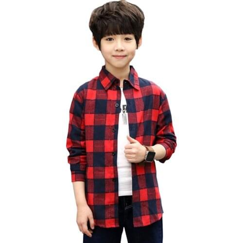 Kids boys long sections letters printed plaid cotton shirt new spring / autumn big virgin long-sleeved shirt