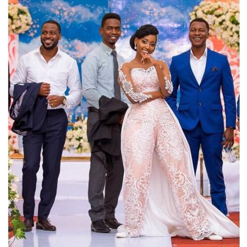 Jumpsuit Wedding Dresses with Remove Train Sheer Neck Long Sleeve Abiti Da Sposa Lace Appliques Pants Bridal Gown