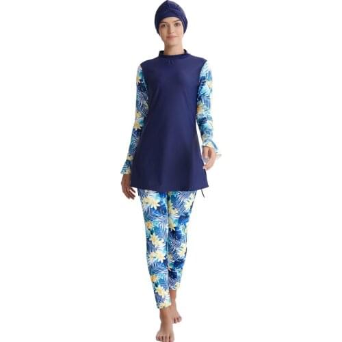 Navy Floral Print Muslim Swimwear Islamic Women Modest Hijab Plus Size Wear Swimming Bathing Suit Beach Full Coverage Swimsuit