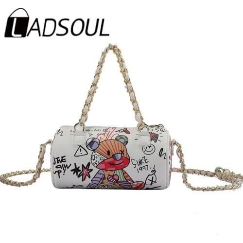 LADSOUL Korean Fashion Graffiti Ins Shoulder Messenger Portable Cylinder Chain Mobile Phone Bags Simple Luxury Designer Handbags