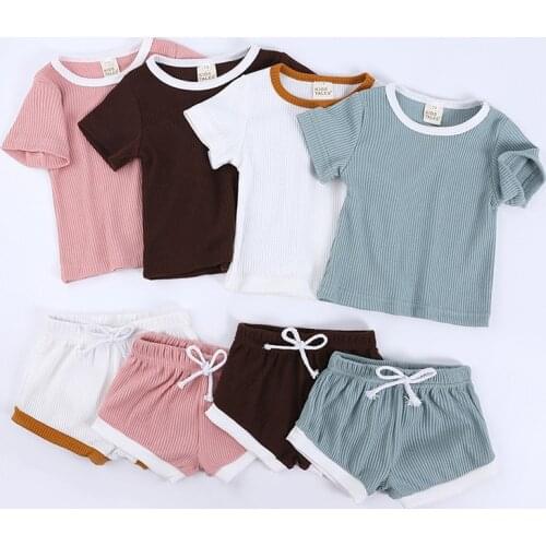 Toddler Baby Boys Girls Summer Clothing Newborn Kids Baby Girls Ribbed Knitted Short Sleeve T-shirts+Shorts Tracksuits Sets