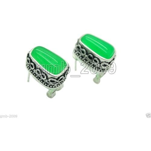 Fashion 12x17mm Natural Green Natural jade Marcasite & 925 Sterling Silver Earrings