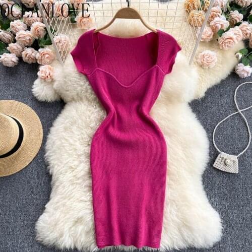 OCEANLOVE Robe Femme Solid Knitted Bodycon Stretch Korean High Waist Vintage Summer Dress for Women 2021 Sexy Vestidos