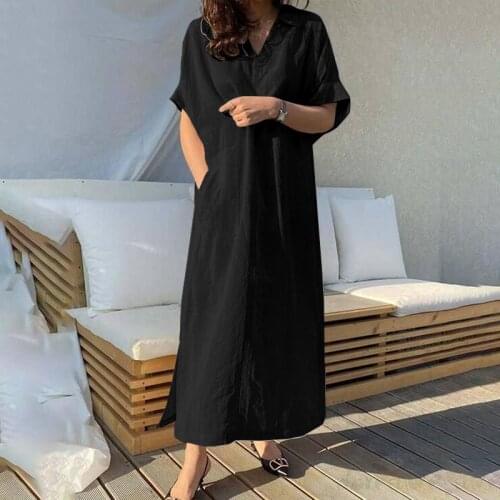 ZANZEA Summer Women Elegant V Neck Short Sleeve Dress Solid Casual Sundress Kaftan Vestidos Oversized Loose Dresses Robe Femme