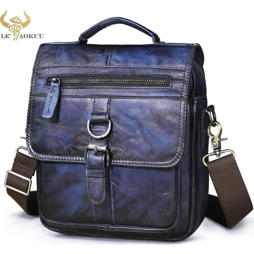 Luxury Original Leather Male Fashion Blue Messenger bag Design Travel Cross-body Bag 9.8" Tablet Tote Mochila Satchel bag 039