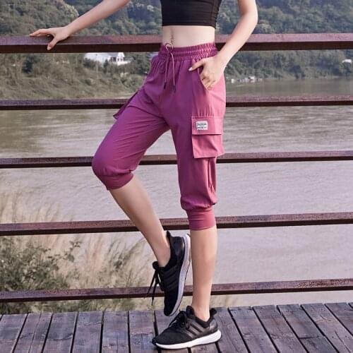 Loose large pocket yoga running fitness casual sports pants womens cropped trousers quick-drying