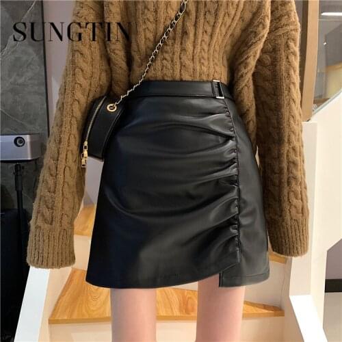 Sungtin High Waist Faux Leather Skirt Women Vintage Irregular Pink Pu Skirt Sexy A Line Mini Skirt Female Korean Chic Streetwear