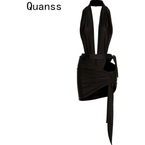 Quanss Summer Solid Sexy Club Outfits Women 2021 Sleeveless Halter Cut Out Bandage Party Bodysuit And Skirts Two Piece Sets New
