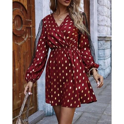 Dresses Women Casual Long-sleeved Mesh Dress Casual Polka Dot Patchwork Stitching V-neck High-waist Bodycon Short Mini Dress