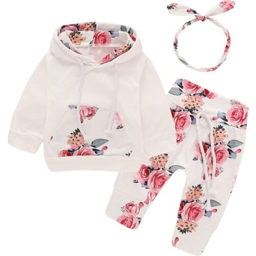 Newborn Toddler Baby Girl Winter Floral Clothes Hoodie Tops+Pants Headband Set