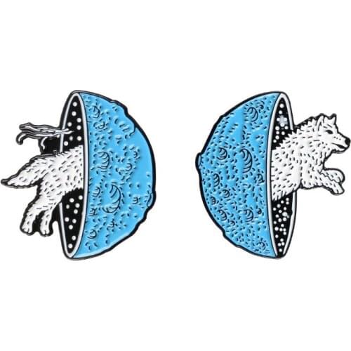 White Wolf Metal Enamel Brooch Blue Star Time and Space Shuttle Fox Badge Pin Creative Trendy Adventurer Jewelry Accessories Gif