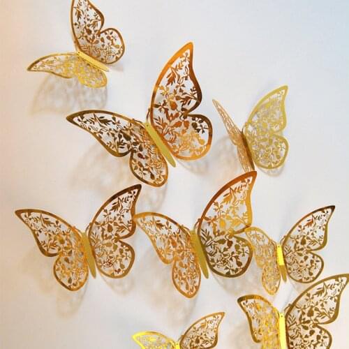 12pcs/set Gold Silver Hollow 3D Butterfly Wall Sticker DIY Art Wall Decal Wedding Decoration Living Room Kids Room Home Decor