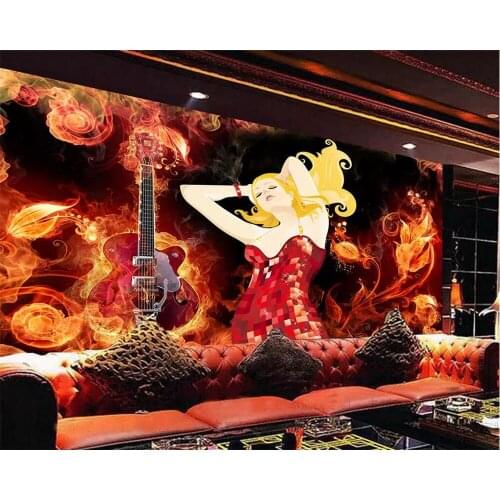 Beibehang Custom wallpaper 3D mural fashion flame guitar beauty bar disco KTV personality tooling background wall paper mural