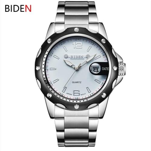 BIDEN Men Quartz Watch Full Stainless Steel Mens Wristwatch Military Sport Watches Gifts Calendar Clocks homens marca masculino