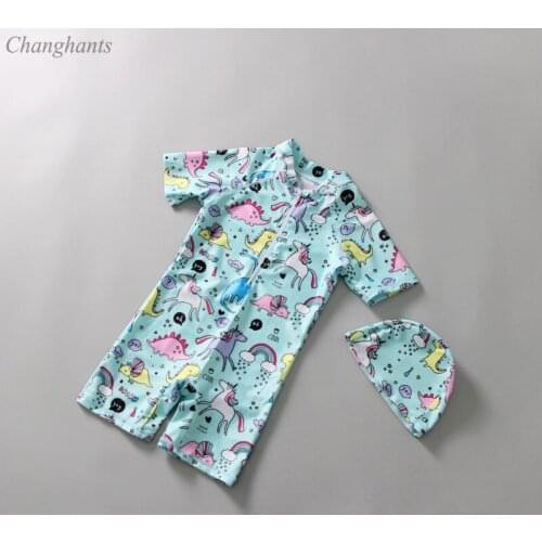 1-6 Y Girls Short Sleeve Rash Guards Kid Surfing Wear with Animals Pattern One Piece Swimsuit Swim Cap Child Bathing Suit