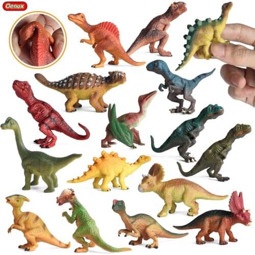 Oenux 16pcs Small Size Jurassic Dinosaur Action Figure T-Rex Saichania Carnotaurus Animals Model TPR Safety Educational Kid Toy